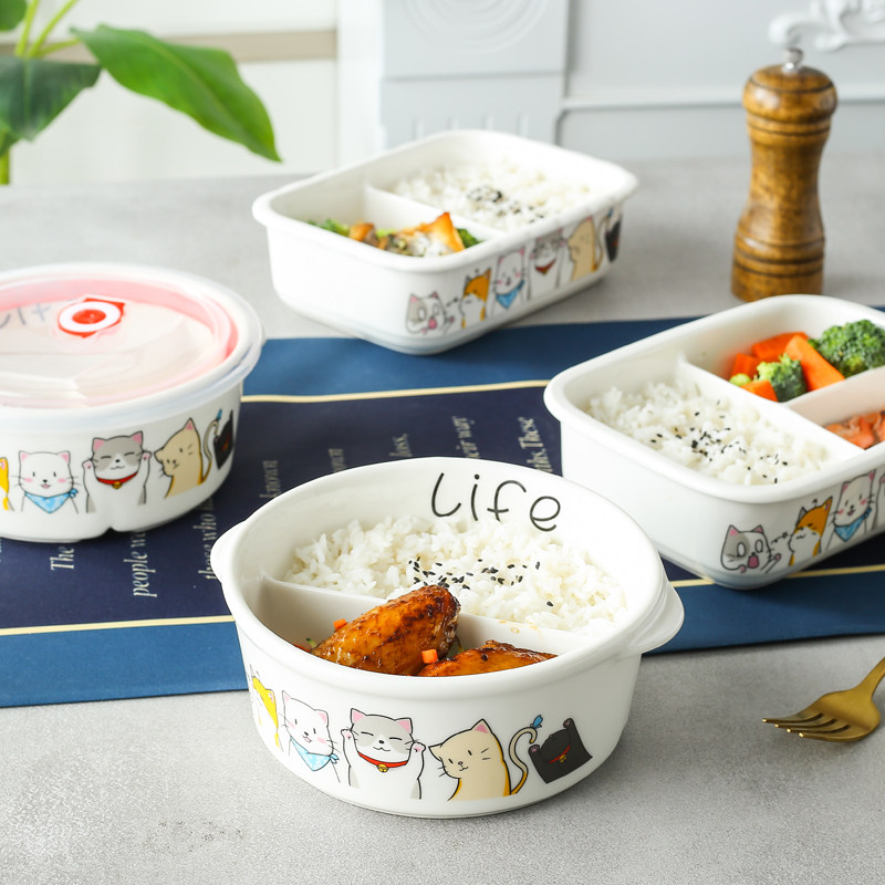 Ceramic split lunch box office worker with rice refreshing bowl separated microwave oven heating seal with lid lunch box Single