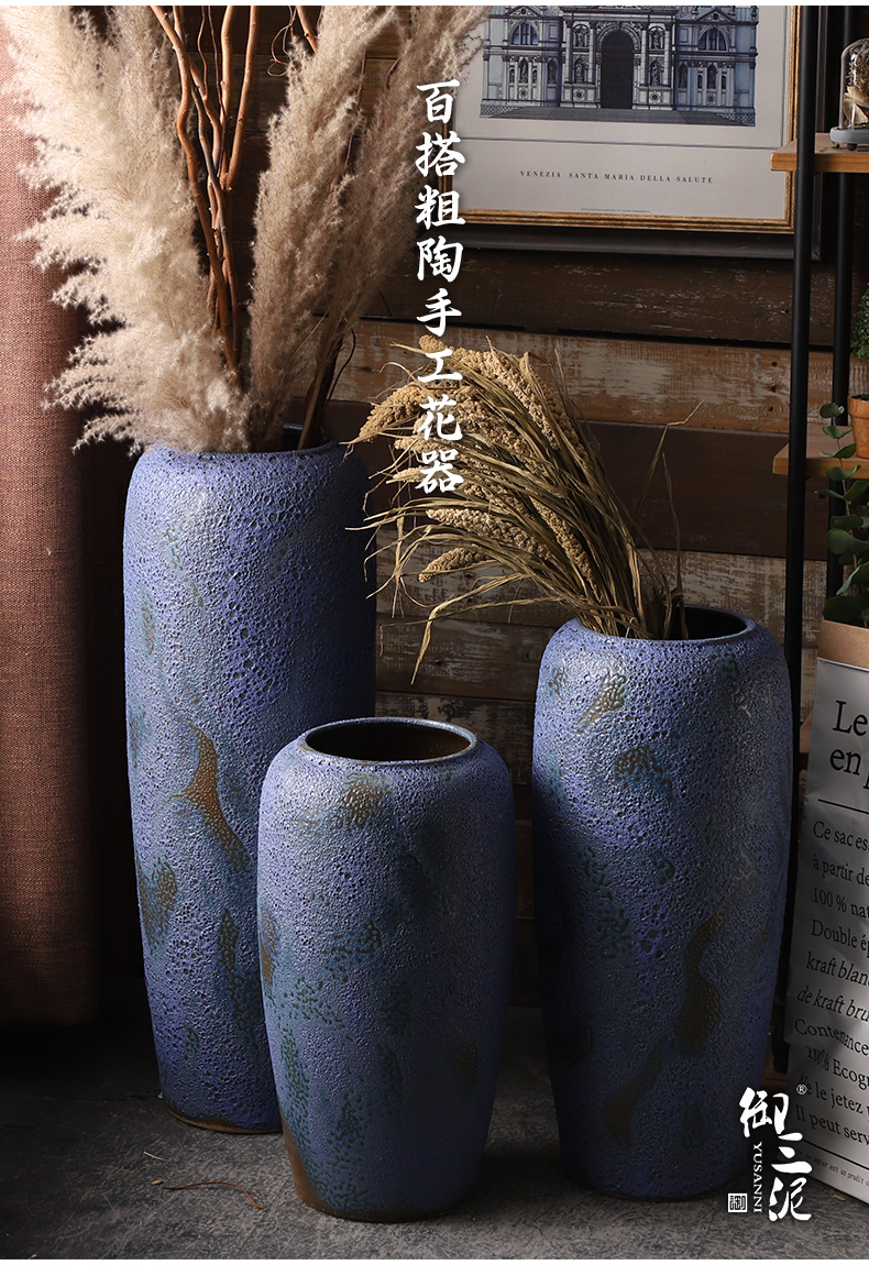 Retro coarse pottery vase landing blue ceramic dried flower arranging flowers furnishing articles POTS to I and contracted sitting room window decoration