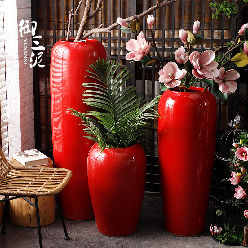 Jingdezhen ceramic floor big vase Chinese festive wedding flower arranging furnishing articles exhibition hall, the opened China red decoration