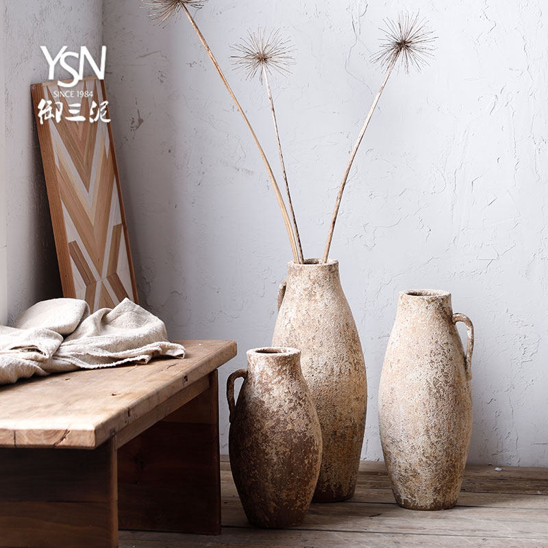 Royal three mud flower arranging furnishing articles wabi-sabi rural home decorative vase coarse pottery flower implement northern wind restoring ancient ways POTS dry flower