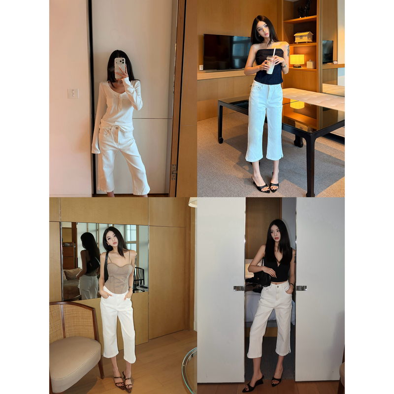 Blood-Colored Cherry [7/8 Length Shaping] Off-White Flared Jeans for Women, Summer Thin Style, Work Commute 7/8 Length Pants