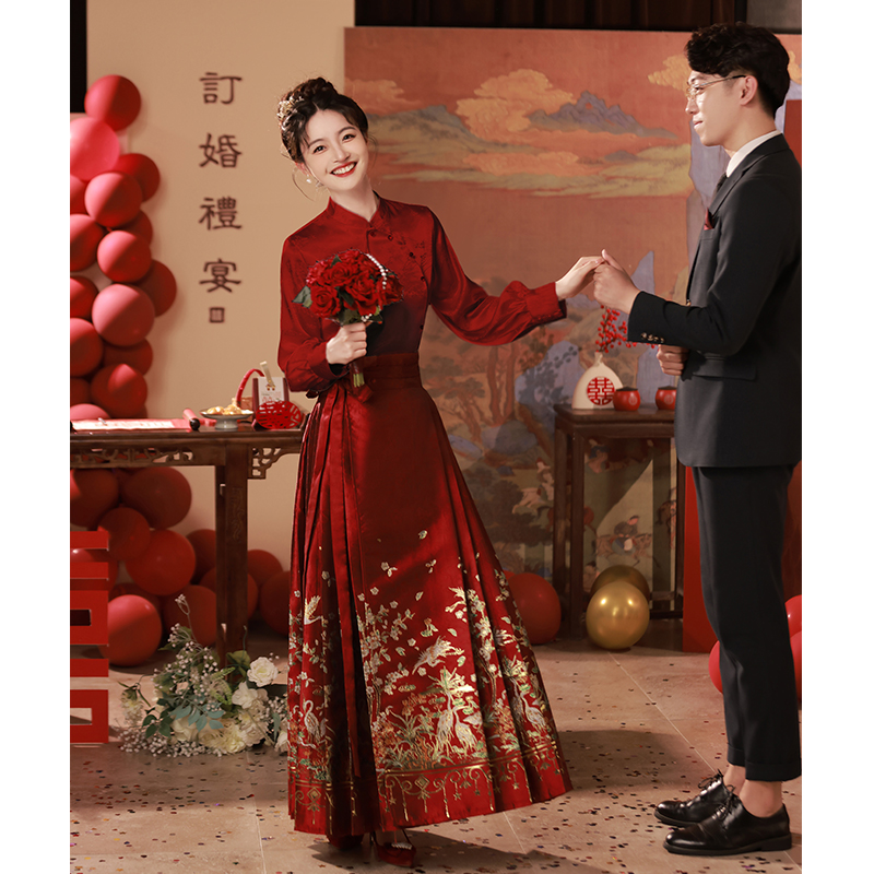 Burgundy evening dress, Chinese style, long sleeve