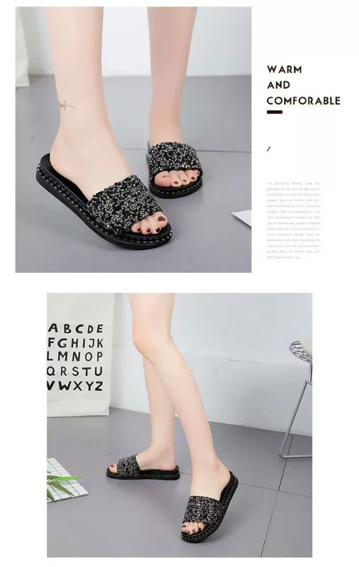 Giày dép nữ mùa hè 2019 mới Hàn Quốc thời trang rhinestone dày đáy từ lưới đỏ xã hội dép đế bằng - Dép