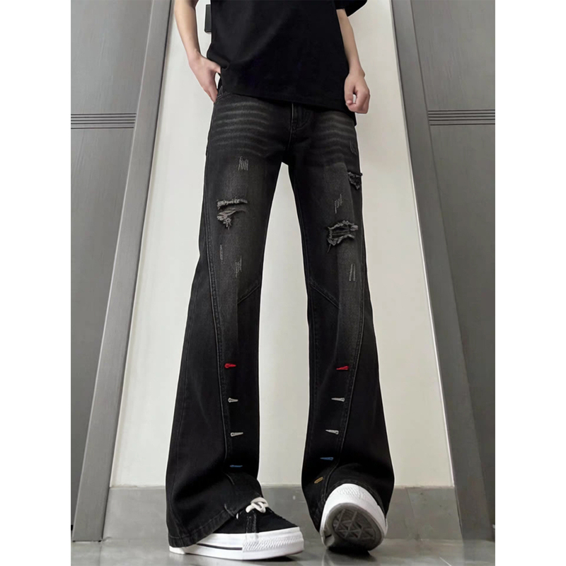 Black American-Style Ripped Embroidered Jeans for Men, Summer Thin High Street Vibe Pants, Trendy Brand, Cool Street Style, Slightly Flared Pants