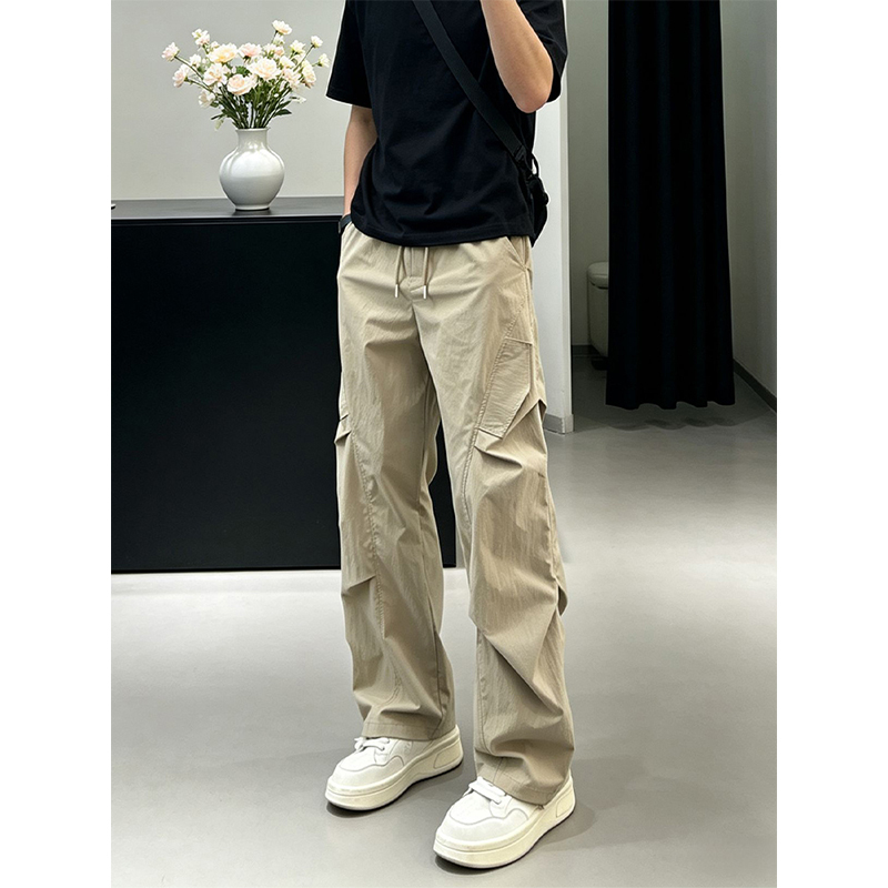 Khaki American-Style Workwear Quick-Dry Pants for Men, Summer Thin Pleated Ice Silk Parachute Pants, Outdoor Hiking Pants