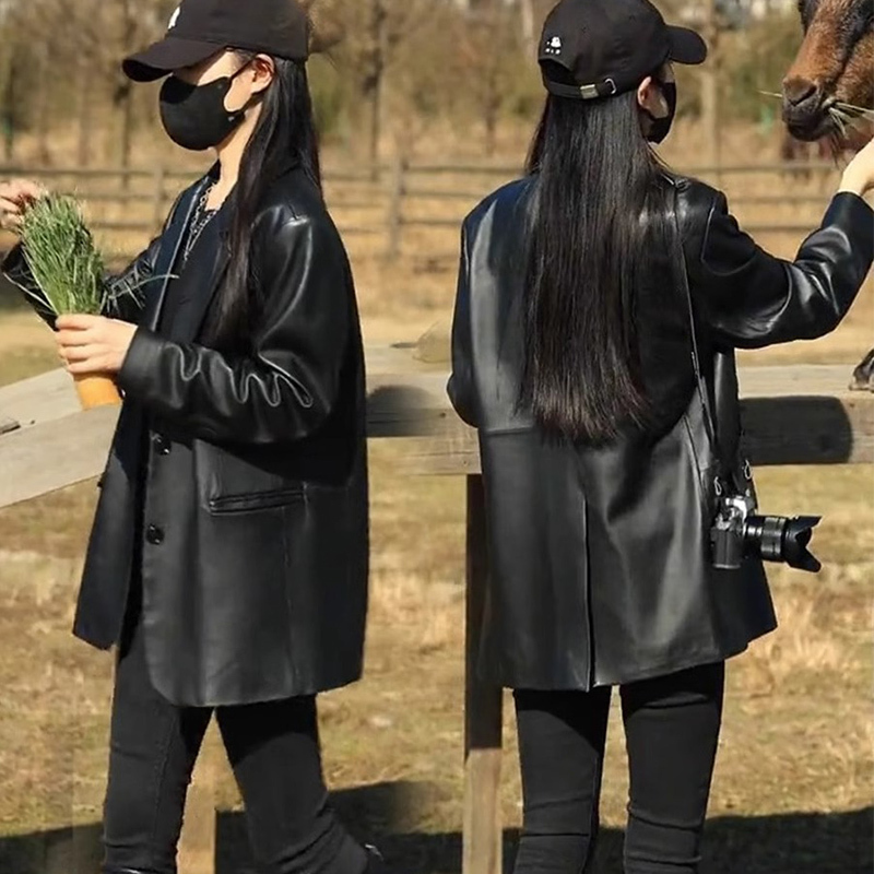 Spring New Women's Casual Leather Jacket Korean Style Biker Jacket Loose and Fashionable Black Small Suit Leather Jacket