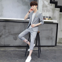 Summer mens suit mens thin casual striped mid-sleeve small suit mens jacket Korean slim three-piece set