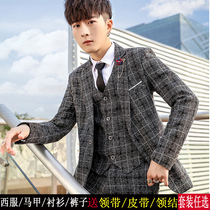 Suit suit suit mens three-piece youth Korean version of slim suit groom groom wedding dress casual British style