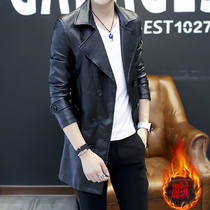 Autumn spring mens long leather windbreaker winter Korean version of slim handsome Puskin jacket Youth plus velvet solid color leather jacket