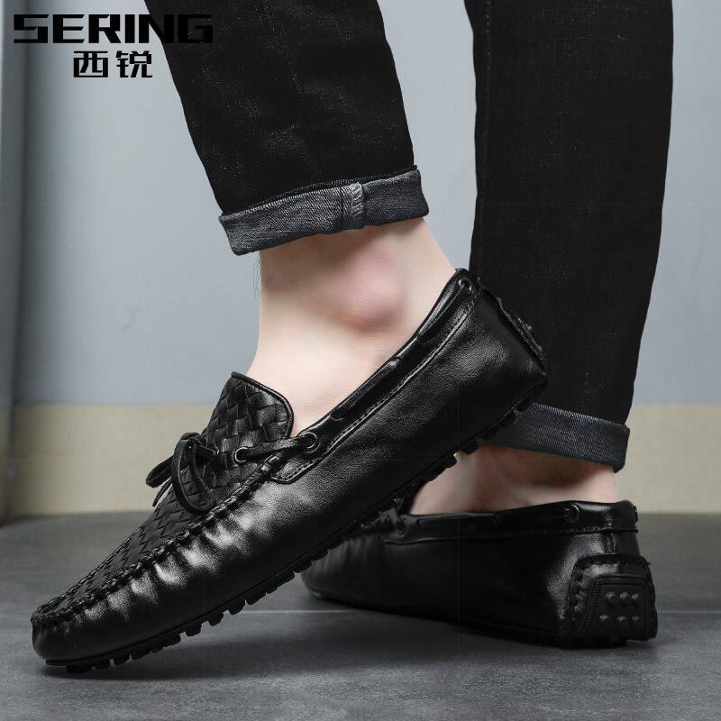 West Sharp 2021 New Bean-Bean Shoes Men Genuine Leather Breathable Fall Casual Leather Shoes Imitation Braiding Sloth Shoes