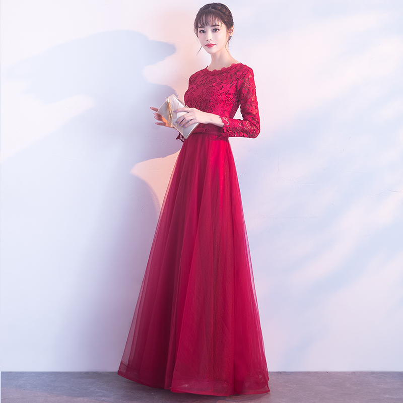 Toast to the bride 2021 new winter wine red wedding gown wedding gown woman back door to dress long sleeve foreign dress