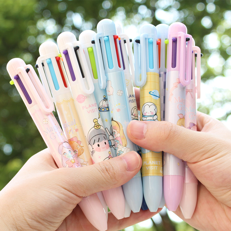 One wood linen multicolored ballpoint pen 6 Color Ball pen Multi-color cute and creative pressing teenage versatile student with a six-color pen