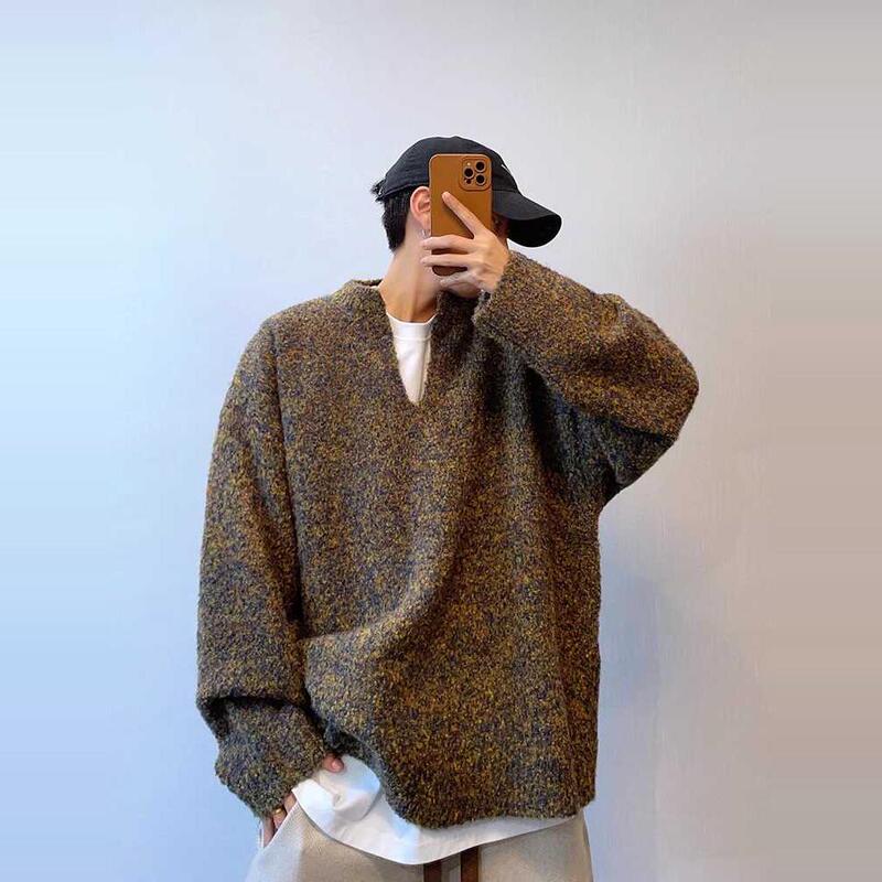 Autumn and Winter Retro Versatile Lazy Loose High-End New Christmas Moss Green V-Neck Pullover Drop Shoulder Sweater for Men