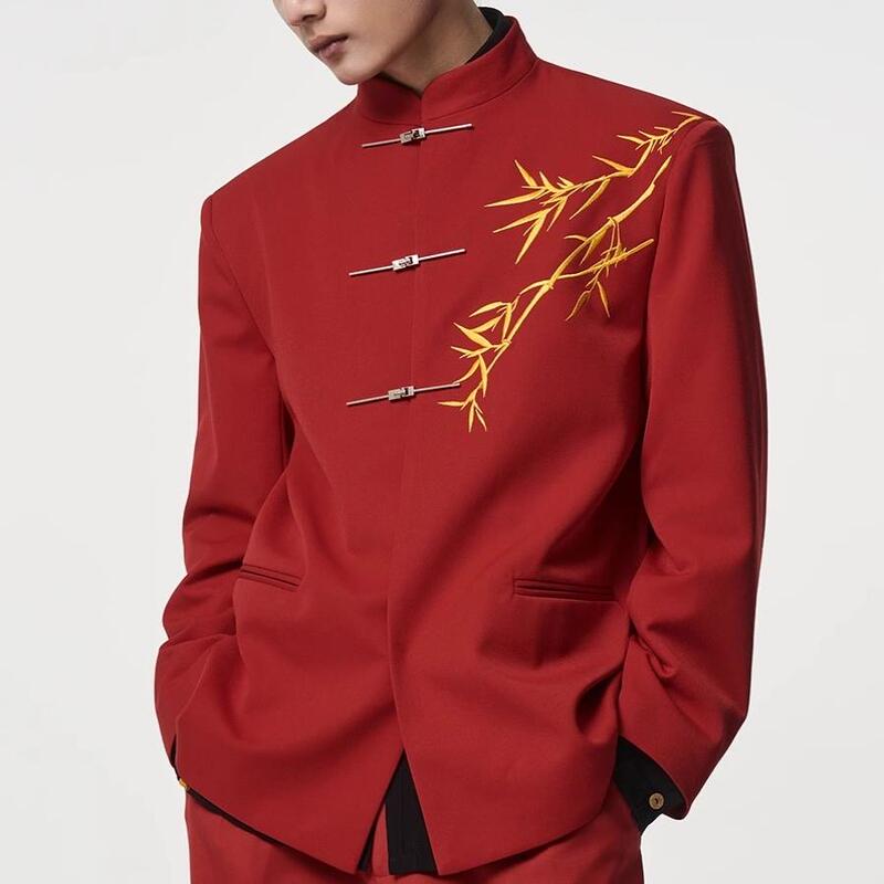New Chinese-Style Gold Bamboo Embroidery Stand-Up Collar Red Suit for New Year Celebrations, Weddings, Performances, and Class Uniforms, Unisex Zhongshan Suit Jacket