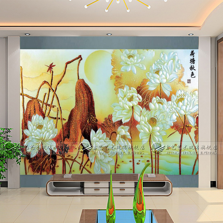 Art Glass Import Organic Tempered Glass Lotus Background Wall Screen Partition Xuan Guan Aisle Ho Pond Autumn Colors
