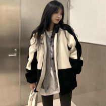 Lamb Wool Coat Woman Autumn Winter 2021 New Ocean Qi Collision Color Easy Collar Cardiovert Cut-Age Casual Thickened Cotton Clothing