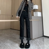 Демисезонные черные прямые свободные джинсы, флисовые штаны, свободный прямой крой, подходит для подростков, по фигуре