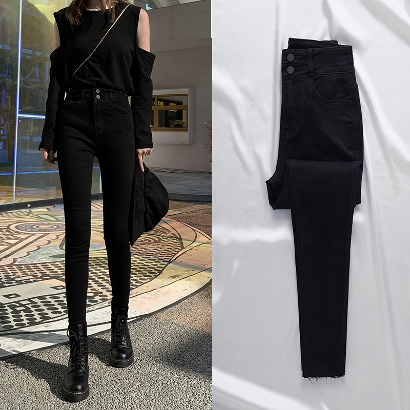 2022 Spring new high waist black jeans women's spring and autumn slim fit slim fit small black pants summer