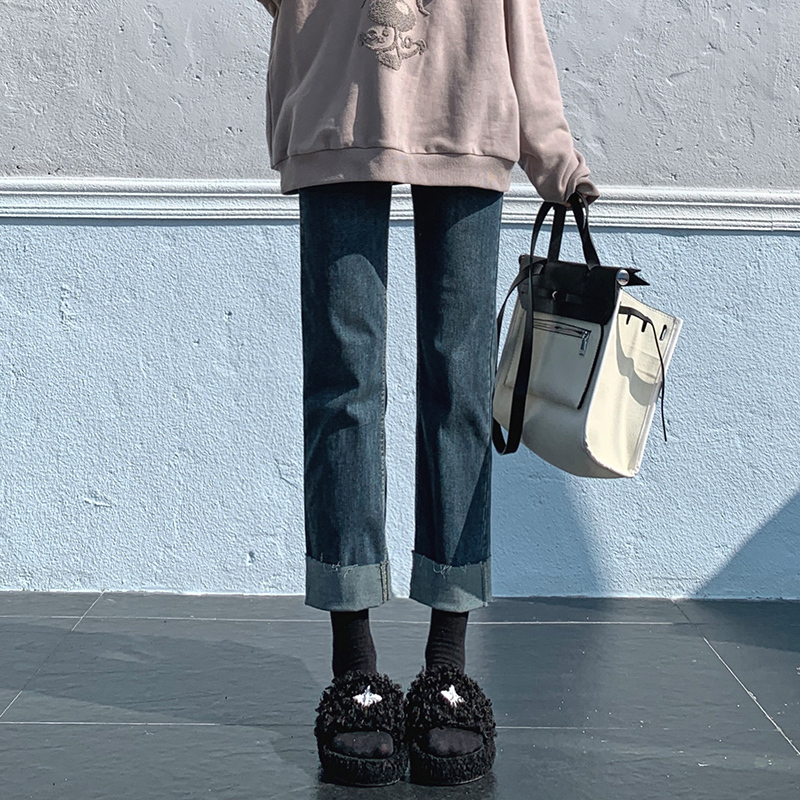 Cuffed Straight-Leg Jeans for Women, 2026 Summer New Style, Petite, Rolled Hem, Slimming, Cuffed Cigarette Pants