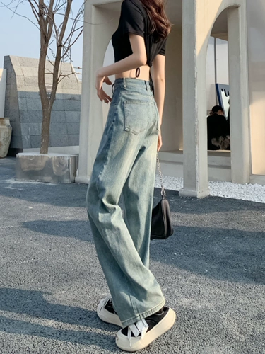 复古高腰窄版直筒牛仔裤女2024年早春爆款高个子加长阔腿拖地裤子