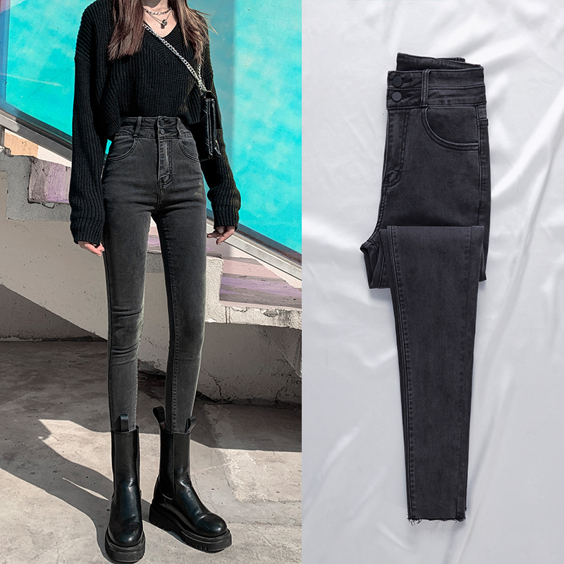 High-Waisted Women's Jeans 2026 Spring New Slim-Fit Smoky Gray Skinny Pencil Pants with Fleece Lining