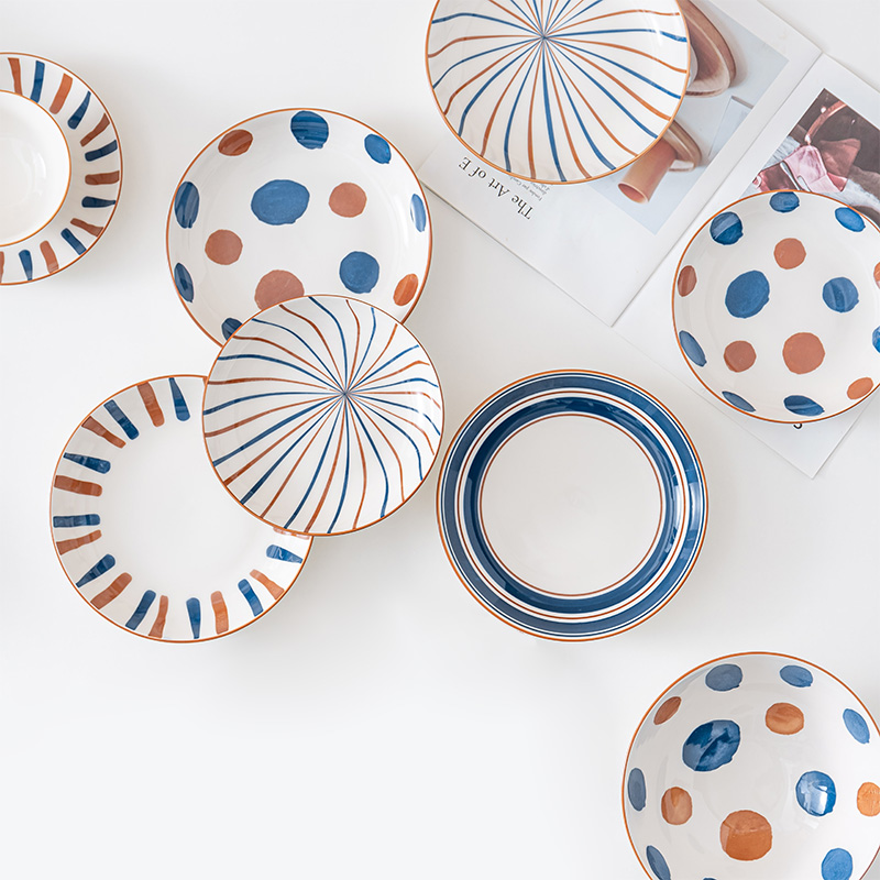 Plant Japanese-style round adult inch rice plate underglaze color multi-person small fresh plate vegetable plate household ceramic plate