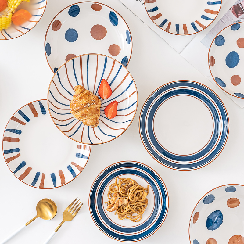 Japanese-style ceramic plate home 2021 new ins style creative underglaze color tableware round soup plate dish large plate