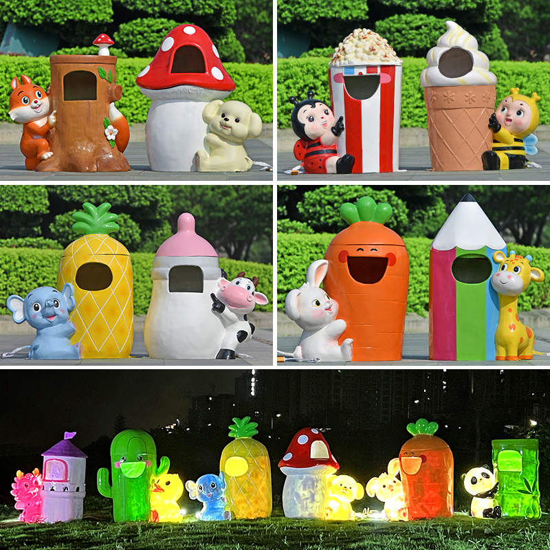 Outdoor Cartoon Animal Trash Can Sculpture for Gardens, Parks, and Kindergartens, Glowing Plant-Shaped Trash Bin, Fiberglass Ornament Outdoor Cartoon Animal Trash Can Sculpture for Gardens, Parks, and Kindergartens, Glowing Plant-Shaped Trash Bin, Fiberglass Ornament