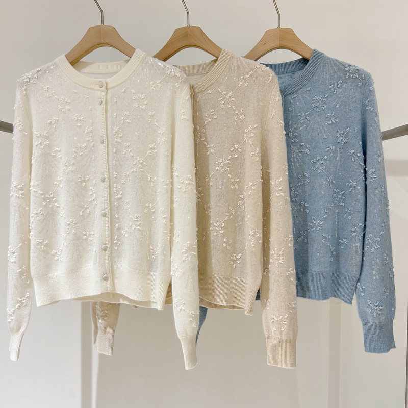 Orange Tian 2026 Autumn/Winter Heavy Embroidery Sequin 100% Cashmere Round Neck Knitted Cardigan Women's Loose Sweater Top
