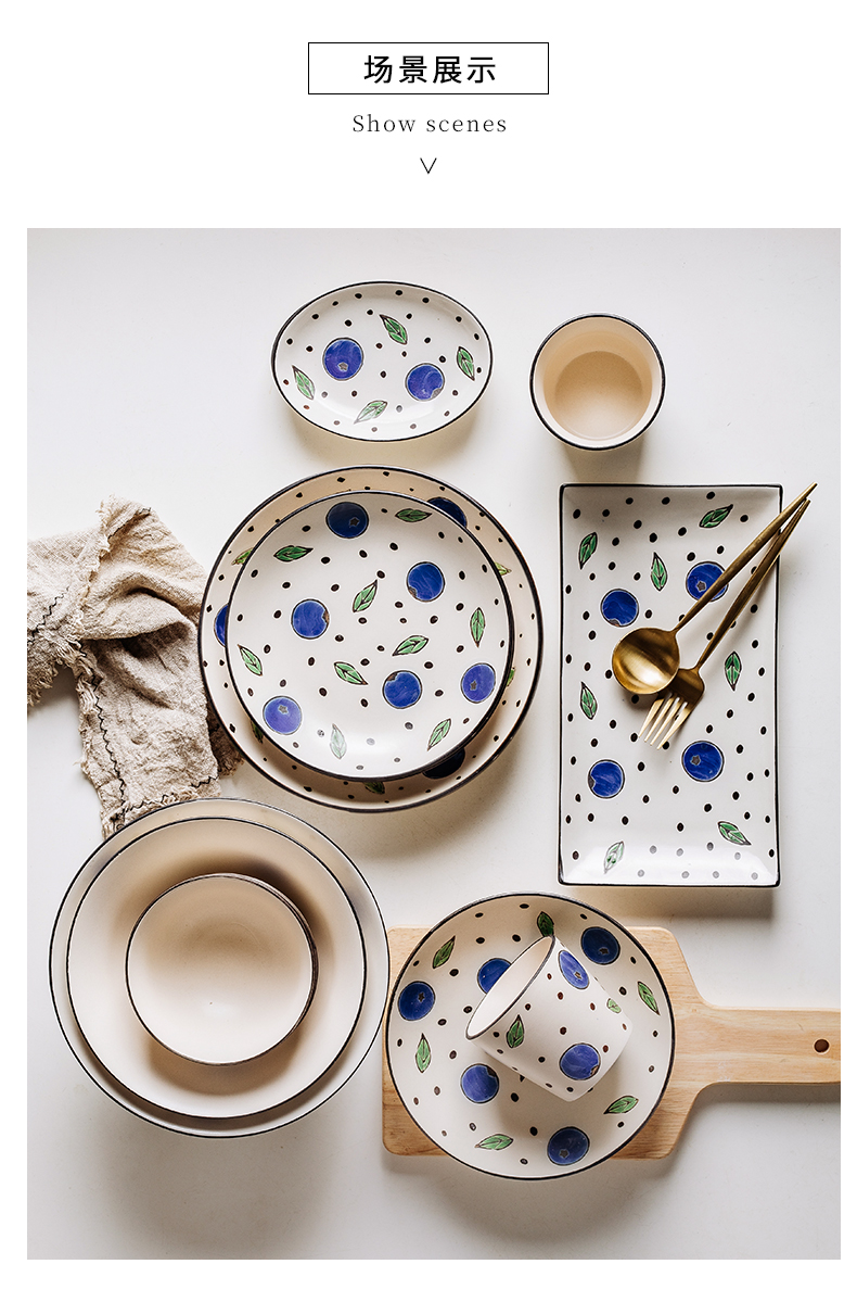 Japanese character dishes suit ins plate household creative web celebrity ceramic tableware, lovely blue berry tableware portfolio