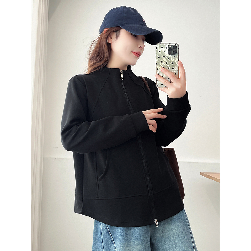 Plus Size Women's Casual Stand-Up Collar Sweatshirt Jacket for Women, 2026 Spring New Style, Loose Fit, Slimming, Regular Shoulder Top
