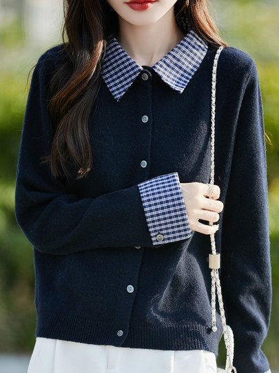 Plaid fake two-piece pure wool knitted cardigan for women 26 autumn and winter new style wool soft and waxy splicing jacket top shirt