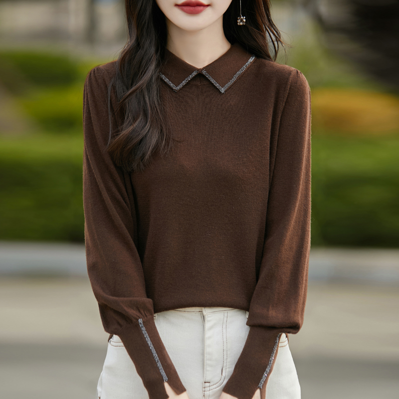 Autumn and Winter High-End Doll Collar Long-Sleeved Knitwear for Women, Fine-Spun Polo Collar Pullover Sweater with Lapel, Inner Layering Shirt