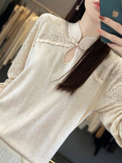 New Chinese style national style cheongsam collar knitted hollow bottoming shirt for women slim loose worsted thin stand collar top for women trendy