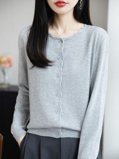 French-Style Lace-Trimmed Fine-Knit Cardigan for Women, Loose-Fitting Thin Sweater, 2026 New Model for Petite Figures