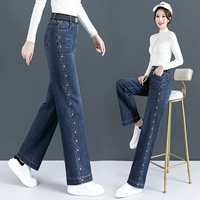Осенние джинсы, утепленные приталенные штаны, коллекция 2023, высокая талия, оверсайз, свободный прямой крой