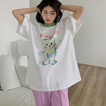 2021 new design feeling niche new retro ins bear printing loose summer long cotton T-shirt women