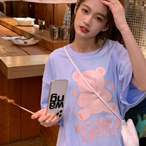 Chic Hong Kong short sleeve T-shirt female summer loose Korean version of ins tide bear lovers girlfriends fried street half sleeve jacket