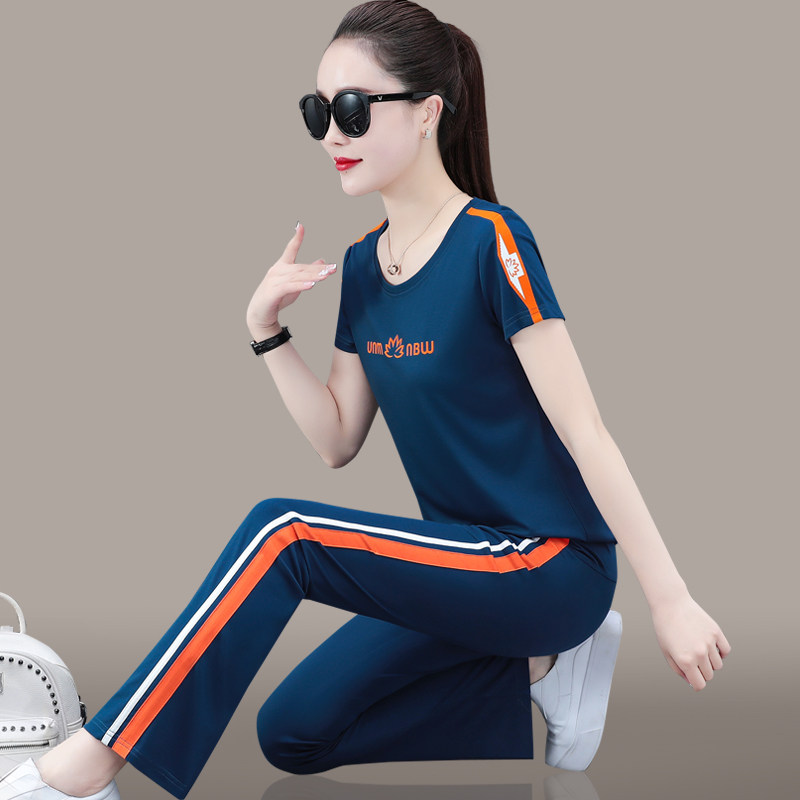 Wide leg pants sports suit female summer 2022 new Korean version when short sleeve running casual wear summer foreign pie two sets