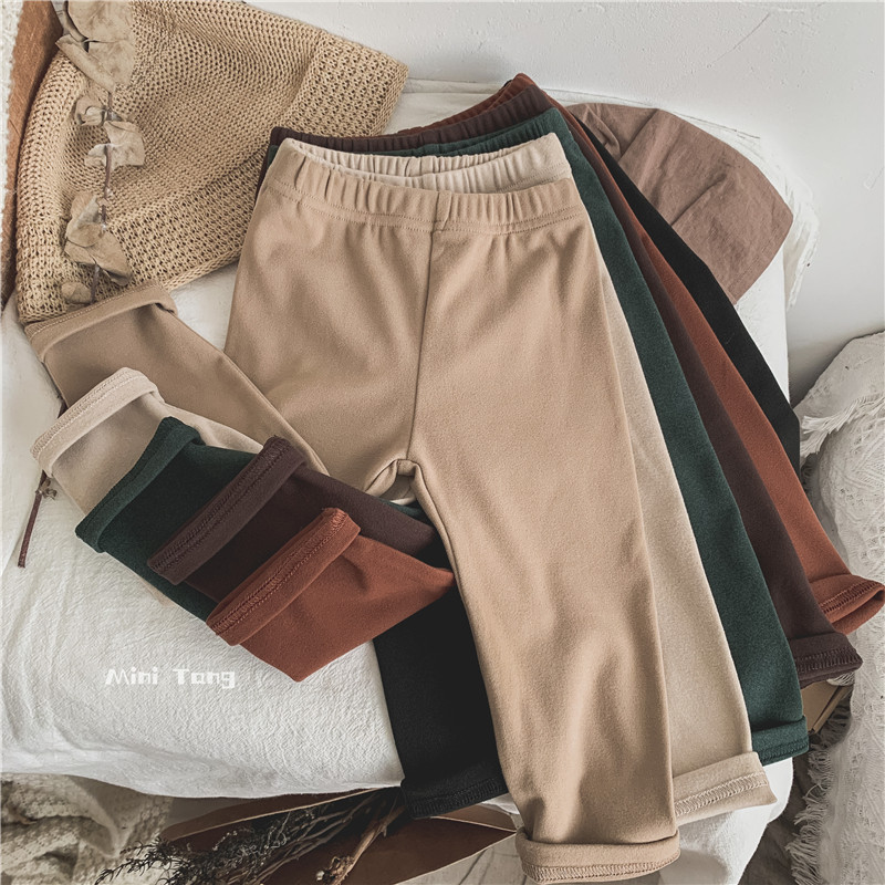 Vintage soft, warm and comfortable fleece children's stretchy and versatile leggings for boys and girls, warm, long pants, basic trousers, autumn and winter 