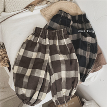 Good to wear Practical ~ Sentying cotton linen children Plaid Light Cage Pants Neutral male and female baby casual 90% Pants Autumn Tide