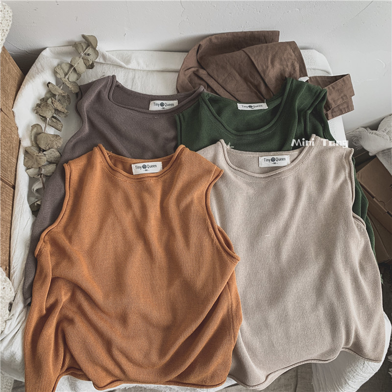 Beautiful and greasy big love tone with feel neutral men and women baby ice silk thin shirt children loose western style round neck vest summer