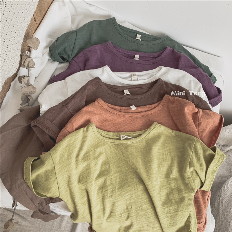 Hand feel stick Korean son Department Children's bamboo knuckle cotton blouse 2021 Summer side open fork male and female baby short sleeve T-shirt