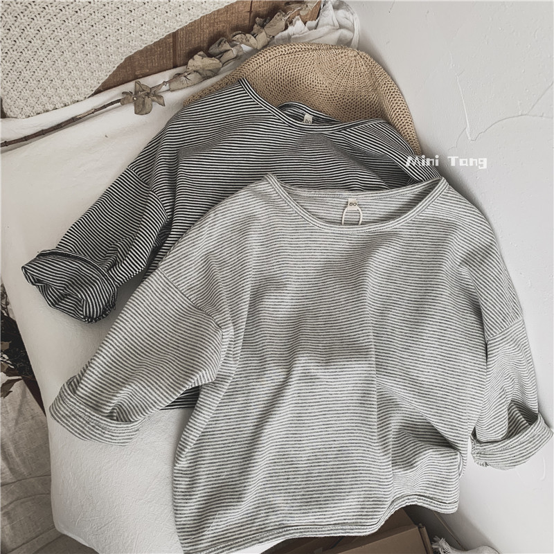 Very high quality ~ children 100 hitch loose fine interval striped striped long sleeve T-shirt neutral male and female child clothing full cotton blouse autumn