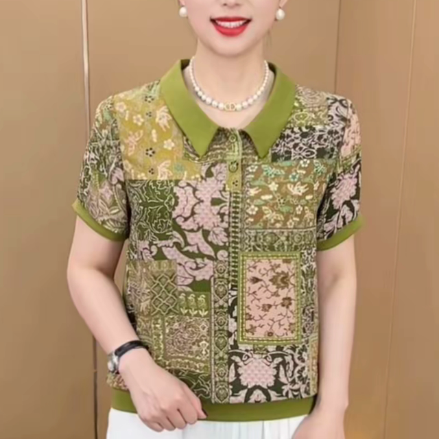 Summer new style doll collar green temperament short-sleeved temperament versatile slimming age-reduced loose western style casual bottoming shirt