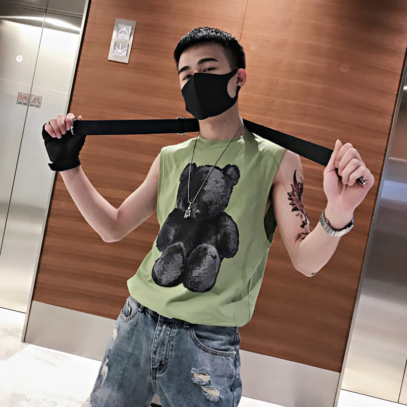 xu hướng thương hiệu thủy triều cá tính nam vest một con gấu in tay t-shirt in tinh thần xã hội anh chàng bên ngoài mặc một vai gập ghềnh