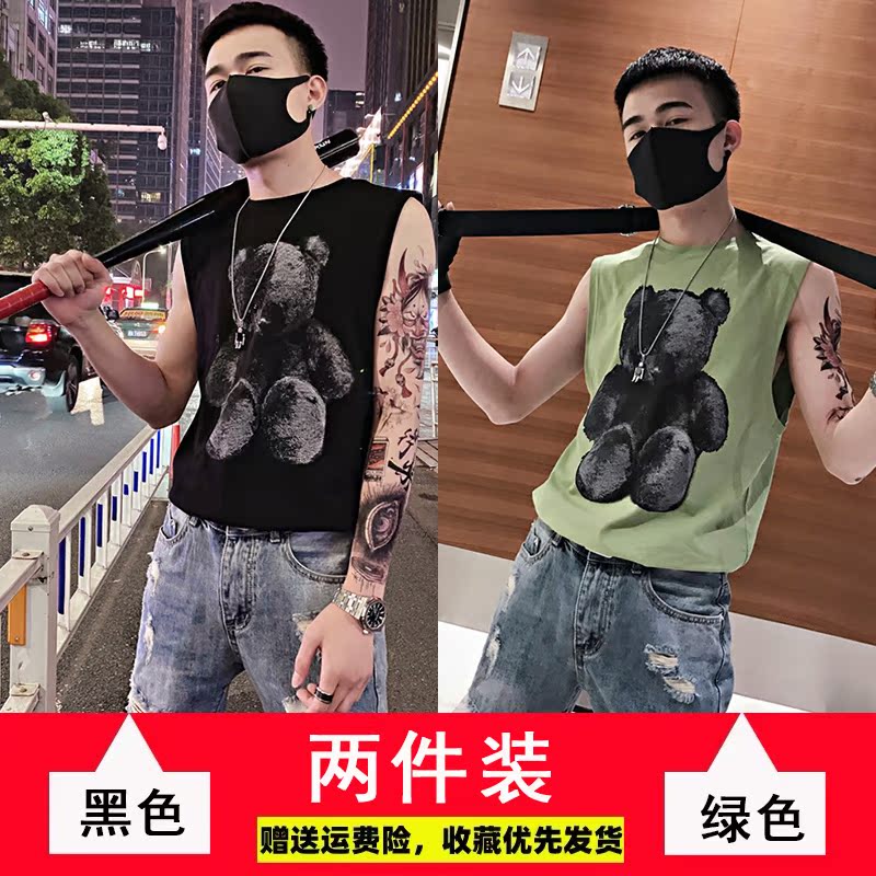 xu hướng thương hiệu thủy triều cá tính nam vest một con gấu in tay t-shirt in tinh thần xã hội anh chàng bên ngoài mặc một vai gập ghềnh