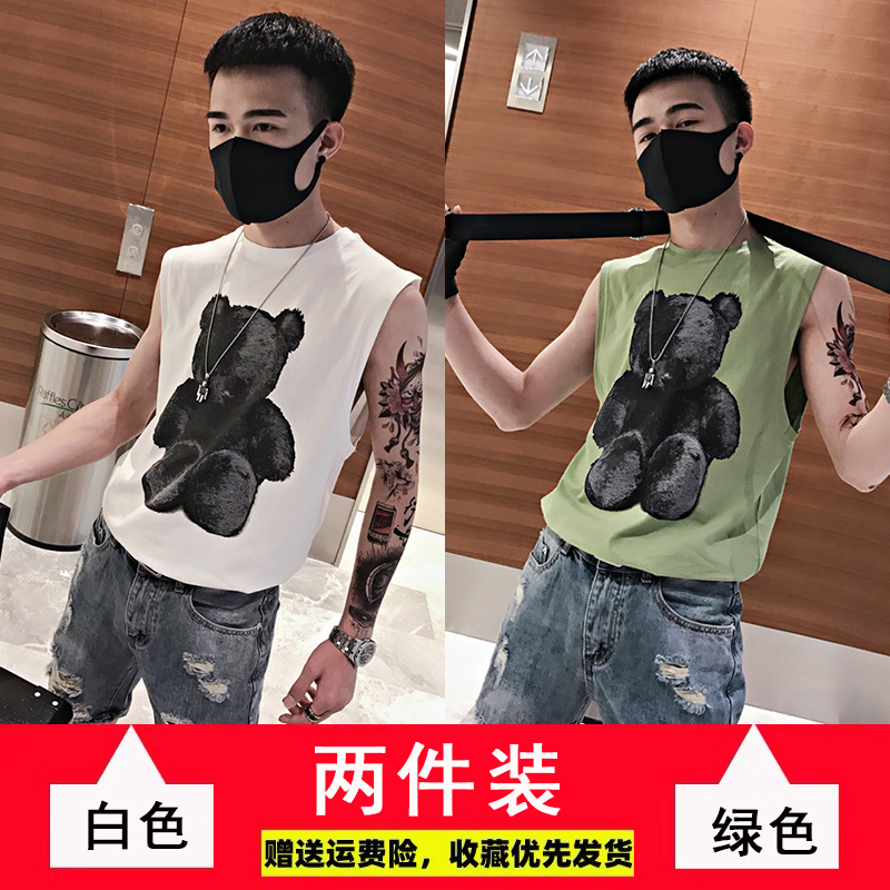 xu hướng thương hiệu thủy triều cá tính nam vest một con gấu in tay t-shirt in tinh thần xã hội anh chàng bên ngoài mặc một vai gập ghềnh