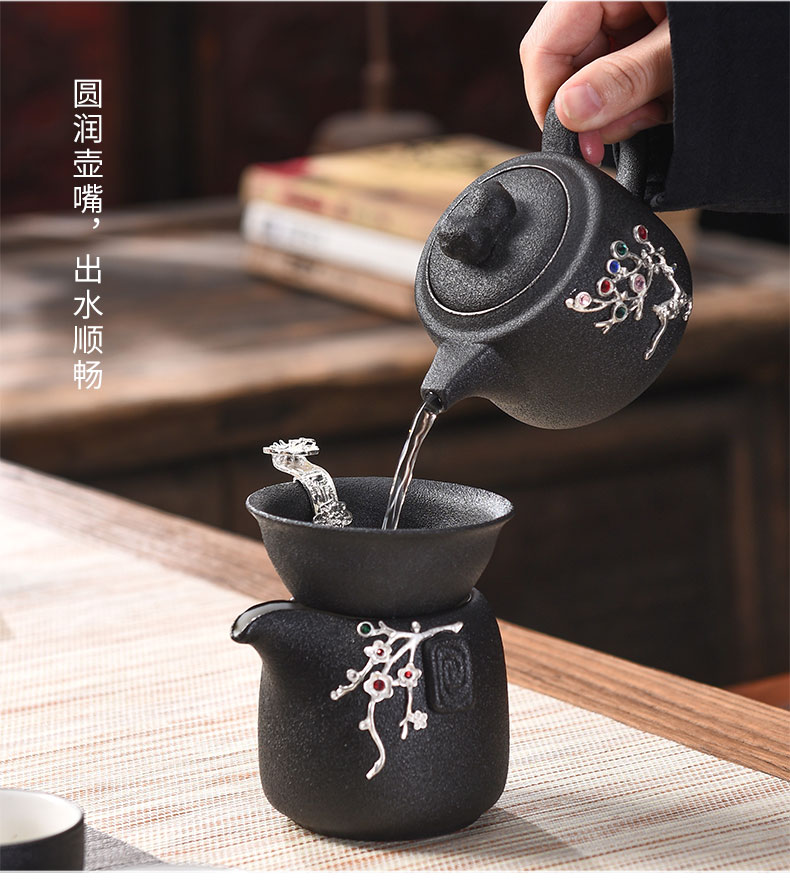 Tao blessing coppering. As the silver tea set of black suit household kunfu tea tea kettle black zen cup combination