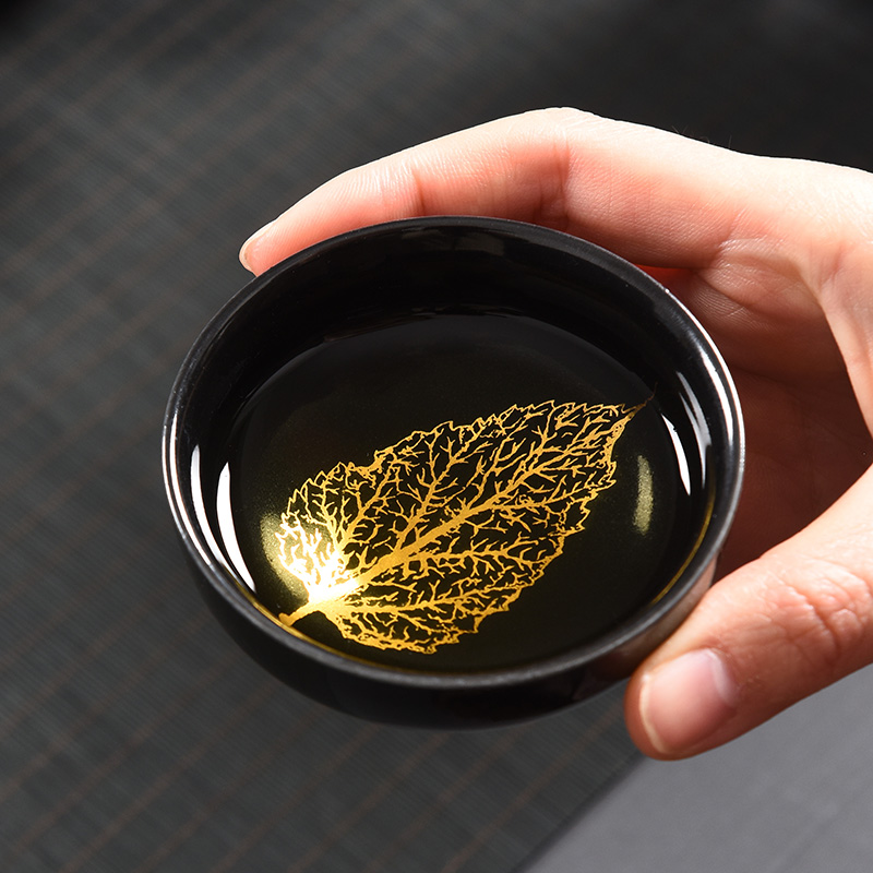 Tao blessing black temmoku built light tea set home building light gold konoha teapot lamp of a complete set of tea cups